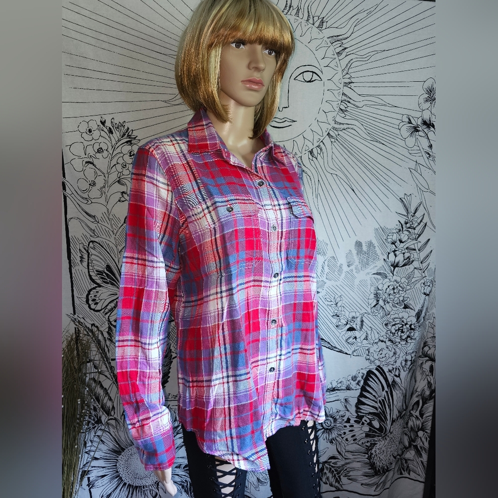 NWT Chaps 100% Cotton Red and Blue Plaid Button Down Shirt Sz Large